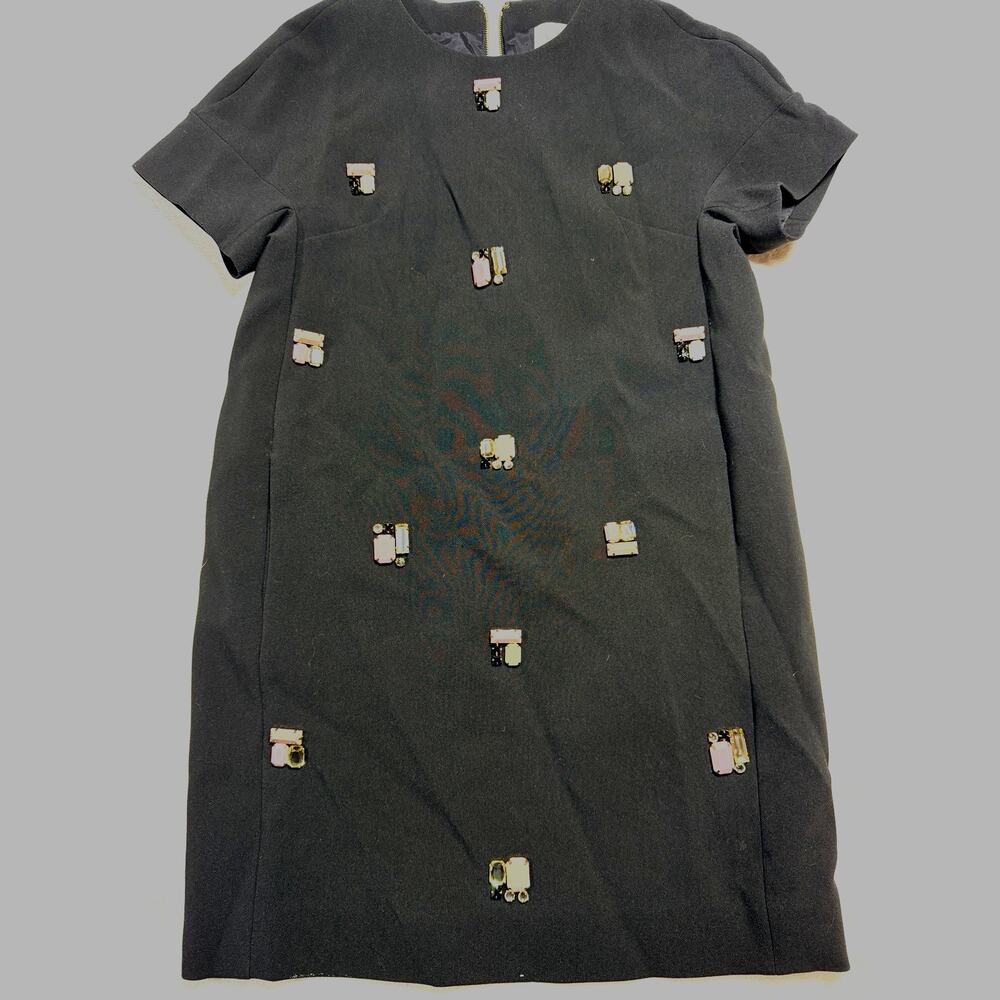 Kate Spade New York Black Embellished Shift Dress 8 Jewel Accent Short Sleeve